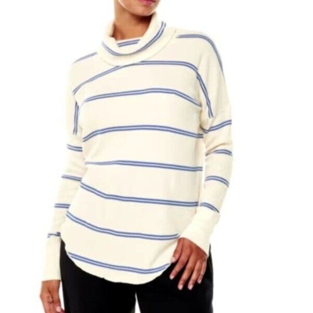 Aritzia Babaton Thermal Sweater Women S Cream Blue Striped Waffle Knit Cowl Neck